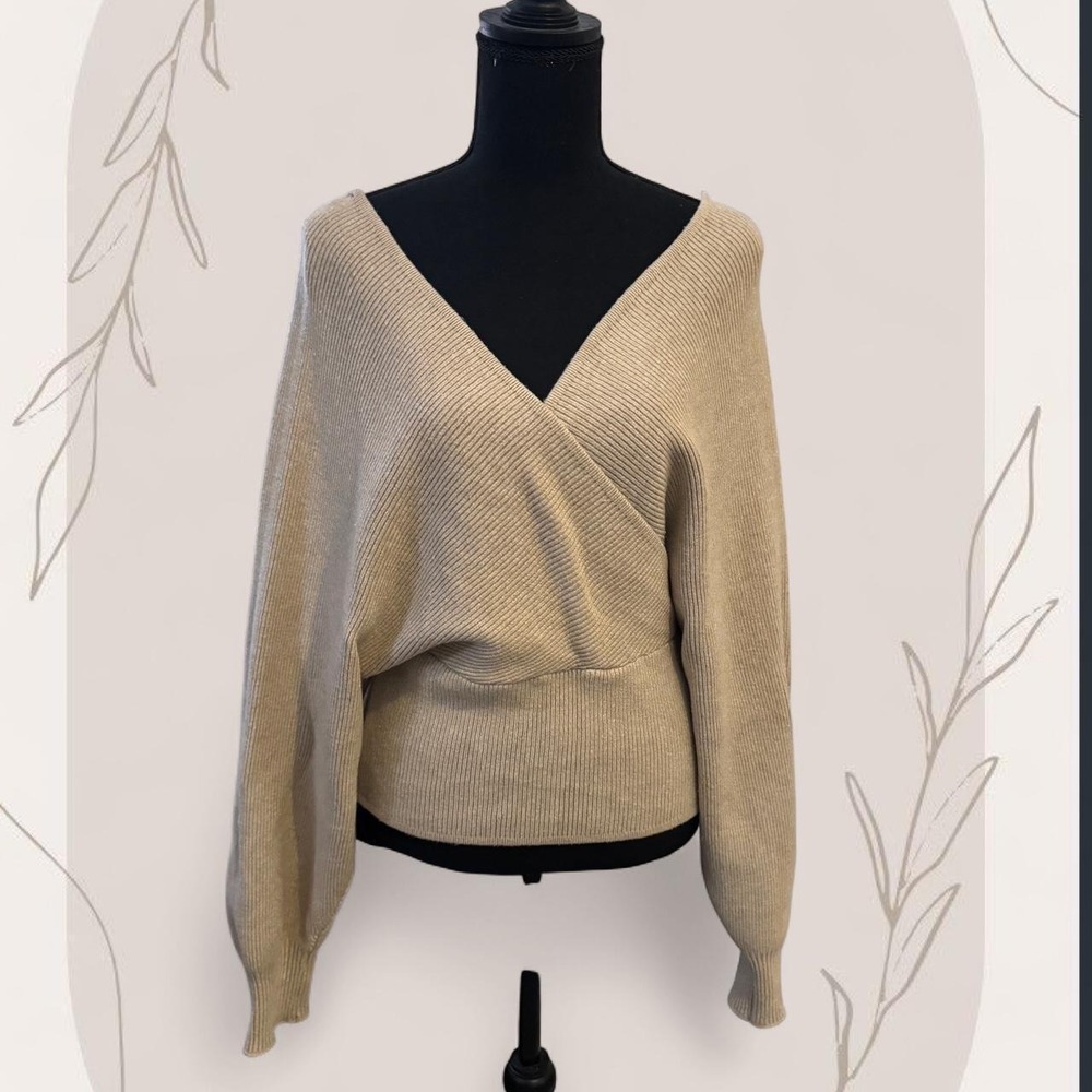 Love Tree Womens Ribbed Knit Wrap Surplice Dolman Sleeve Sweater Beige Tan Large